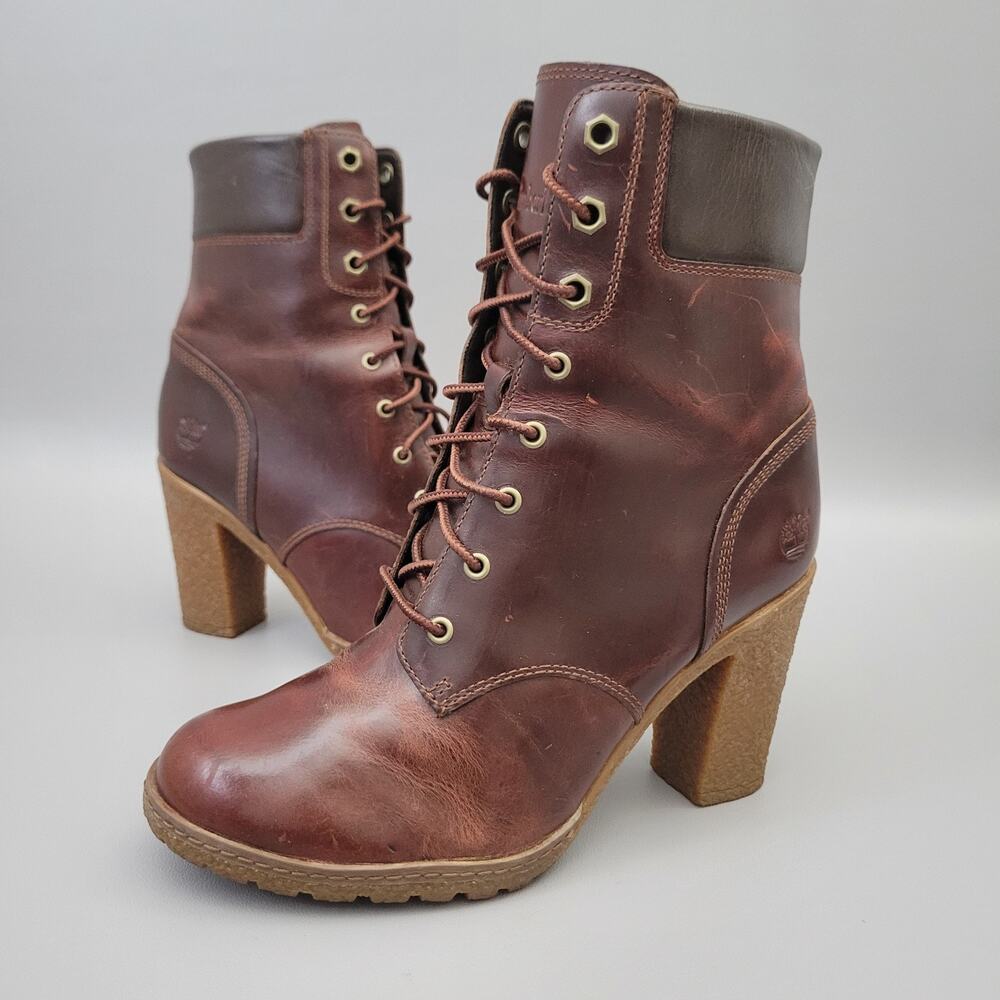 Timberland Glancy Brown Leather Heels Lace-up Ankle Booties Size 7 - Picture 2 of 12